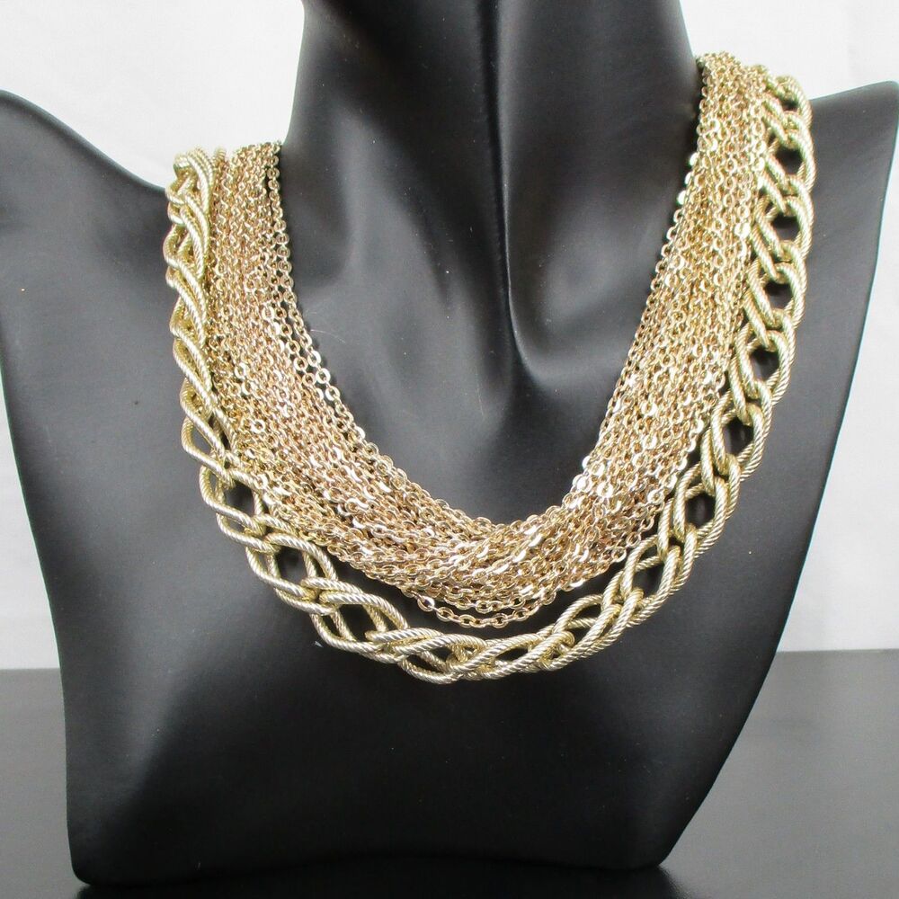 Vintage Gold Tone Multi Strand Chunky Chain Statement Bib Necklace
